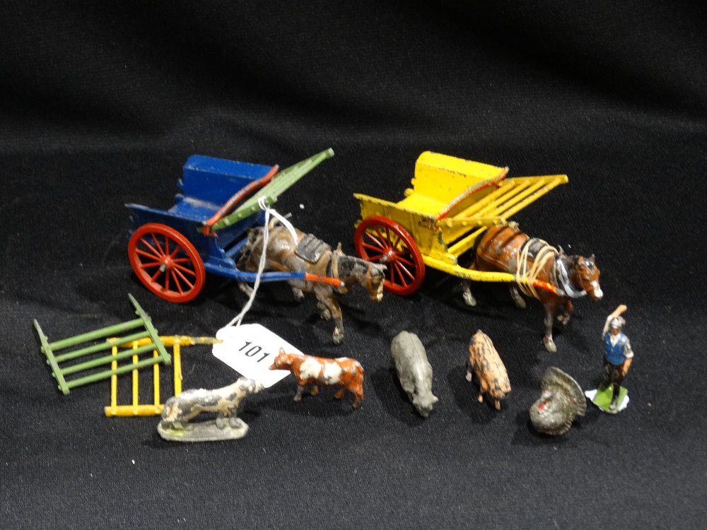 Two Painted Lead Horse And Cart Groups Together With Six Further Figures