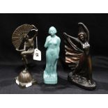A Cast Metal Figure Of A Dancing Art Deco Girl With Fan Together With Two Further Deco Style
