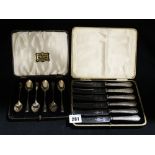 A Cased Set Of Six Silver Handled Tea Knives Together With A Cased Set Of Six Silver Coffee Spoons