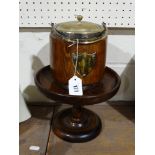 An Oak Biscuit Box With Plated Lid Together With A Turned Oak Fruit Stand