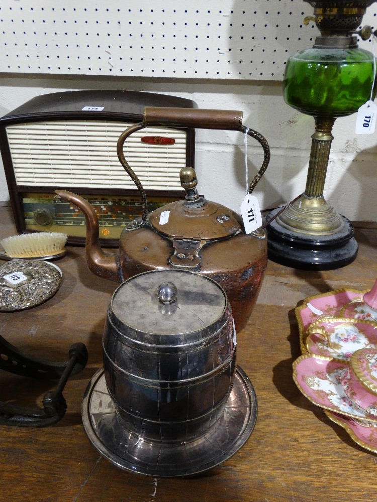 An Antique Copper Kettle Together With A Barrel Form Plated Biscuit Box