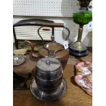 An Antique Copper Kettle Together With A Barrel Form Plated Biscuit Box