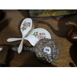 A Floral And Enamel Decorated Hair Brush And Hand Mirror Together With A Further Silver Backed