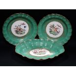 Three 19th Century Royal Worcester Green Ground Fruit Service Plate Each With Central Painted