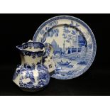 A Blue & White Transfer Decorated Plate With Landscape Pattern Together With A Masons Ironstone Blue