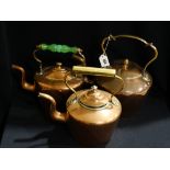Three Antique Copper Kettles Together With A Brass Preserve Pan Etc