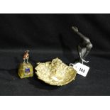 A Victorian Cast Brass Ashtray In The Form Of Playing Cards & Coins Together With A Bronze Figure Of