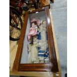 A Pitch Pine Display Case Housing Three 19th Century Porcelain & Wax Headed Dolls