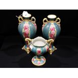 An Early 20th Century Garniture Set Of Three Pink Rose Decorated Vases
