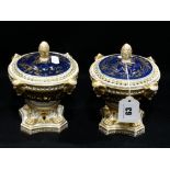 A Pair Of Early 19th Century Derby Pot Pourri Vases & Covers Deep Blue Ground With Gilt Highlights &