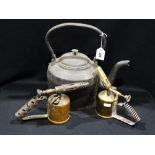 An Antique Cast Iron Kettle Together With Two Brass Blow Lamps