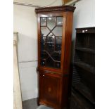 An Edwardian Mahogany & Crossbanded Two Piece Standing Corner Cupboard With Astragal Glazed Door
