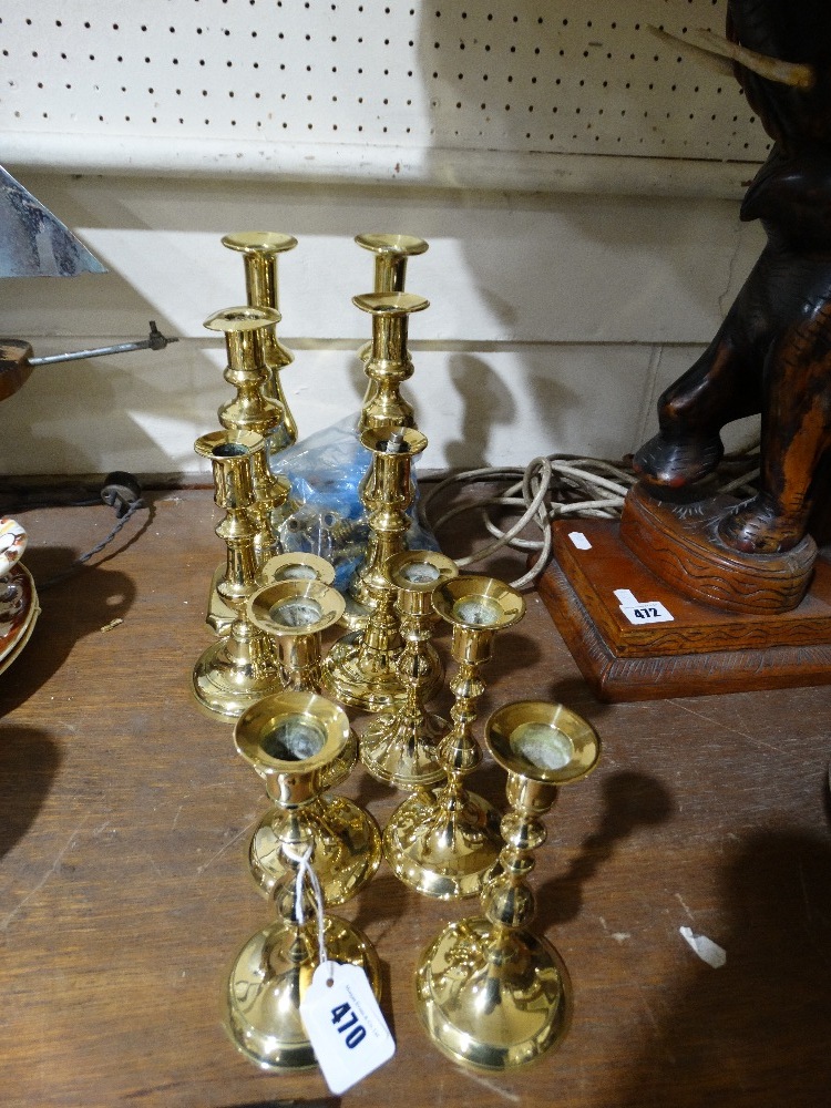 Six Pairs Of Vintage Brass Candle Holders, Together With A Quantity Of Miniature Brass Candle