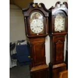 An Antique Oak & Mahogany Encased Long Case Clock, The Scrolled Hood Enclosing An Arched Painted
