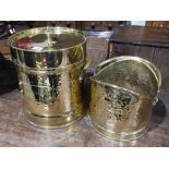A Decorative Cylindrical Brass Coal Box & Matching Coal Bucket