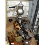 A Beaten Pewter Spirit Kettle & Stand Together With A Brass & Mahogany Postal Scale Etc