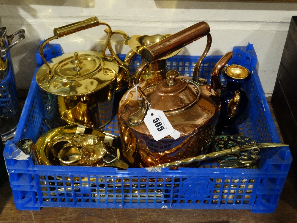 An Antique Copper Kettle Together With An Assortment Of Brass Trinket Pieces & Similar