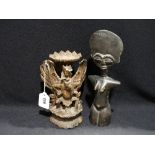 A Carved African Ashanti Fertility Doll Together With A Burmese Hardwood Carved Wooden Group