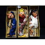 Three Pelham Puppets In Original Cardboard Boxes, Policeman, Clown & Ballet Girl