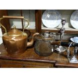 An Antique Copper Lidded Saucepan Together With An Antique Copper Kettle