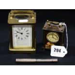 Two Brass Encased Carriage Clocks Together With A Boxed Silver Fountain Pen