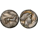 Sicily, Syracuse, silver tetradrachm, c. 420 BC, by the die engraver “A”, quadriga driven right by