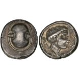 Boeotia, Thespiae, silver stater, c. 400-350 BC, Boeotian shield, rev., ΘΕΣΠ-ΙΚΩΝ, head of Aphrodite