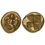 Mysia, Kyzikos, electrum hekte, c. 410 BC, naked Helios kneeling right, holding foreparts of two