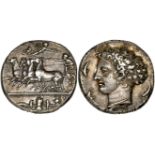 Sicily, Syracuse, silver decadrachm, c. 405 BC, by Kimon, fast quadriga driven left by charioteer