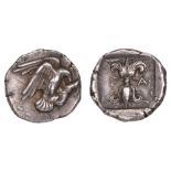 Elis, Olympia, silver hemidrachm, c. 450-430 BC, eagle with open wings right, holding hare in its