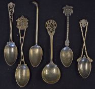 6x various silver golfing tea spoons incl 1933 Penang Golf Club Lady's Spoon with embossed bowl,