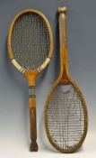 2x Fishtail Wooden Tennis Rackets to includes a concave wedge 'Raleigh Special' with some loose