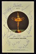 1975 Ryder Cup Signed 'Welcoming Dinner' Menu at the Pittsburgh Hilton, signed to the cover by the