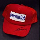 Niki Lauda Signed Formula One Trucker Cap Former Ferrari Formula One, Parmalat red cap, adult