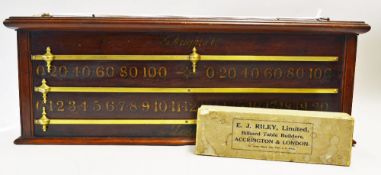 Billiards - G Wright & Co London mahogany and brass billiard/snooker scorer and E.J Riley Accrington