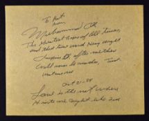 Muhammad Ali Boxing World Heavy Weight Autograph note written on card inscribed 'To Pat from