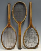 3x Convex wedge Wooden Tennis Rackets to include a 'David Champion' model 14 ½ OBB racket, a '