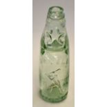 Vic cricket glass codd neck drinks bottle c/w marble stopper - retailed by E Noble Birstall with