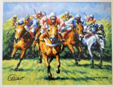 Horse Racing oleograph print 'Over The Jump' signed by the artist Leo Casement, ltd ed no 33/225,