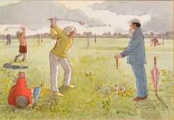 Armitage Josh (Ionicus) - "THE EVENING LESSON" at Royal Liverpool Golf Club - watercolour and pen,