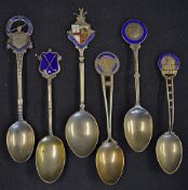 6x various silver and enamel golf crested tea spoons including Blackpool GC, Royal Epping Forest GC,