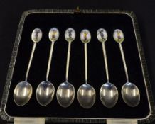 Fine set of 6x silver and enamel golfing coffee spoons circa 1930's - with oval enamel finials