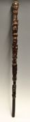 Rare treen dark stained carved walking stick c. 1900 - carved handle and shaft featuring a cricket