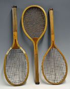 2x Convex wedge Wooden Tennis Rackets consisting of a 'Henry Whitty, Liverpool' stamped racket 13 OZ