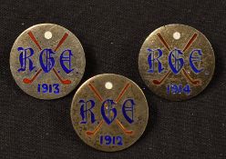 3x early silver and enamel golf club buttons from 1912-1914 - all hallmarked Birmingham and inlaid