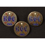 3x early silver and enamel golf club buttons from 1912-1914 - all hallmarked Birmingham and inlaid