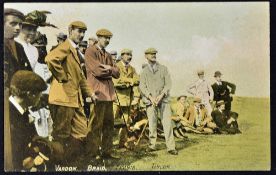 Early colour golfing postcard - showing Harry Vardon James Braid and J.H Taylor on the tee waiting
