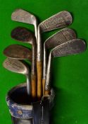 7x various irons and pencil golf bag incl 4x mashie, mashie niblicks and niblick, makers include