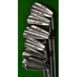 8x Henry Cotton stainless blade irons by George Nicoll of Leven with brown Chamois grips numbers 3-