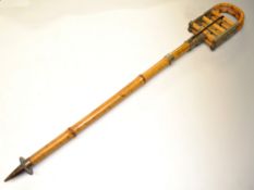 Fine Edwardian bamboo and a whole cane shooting stick stamped to the hinge with the makers details